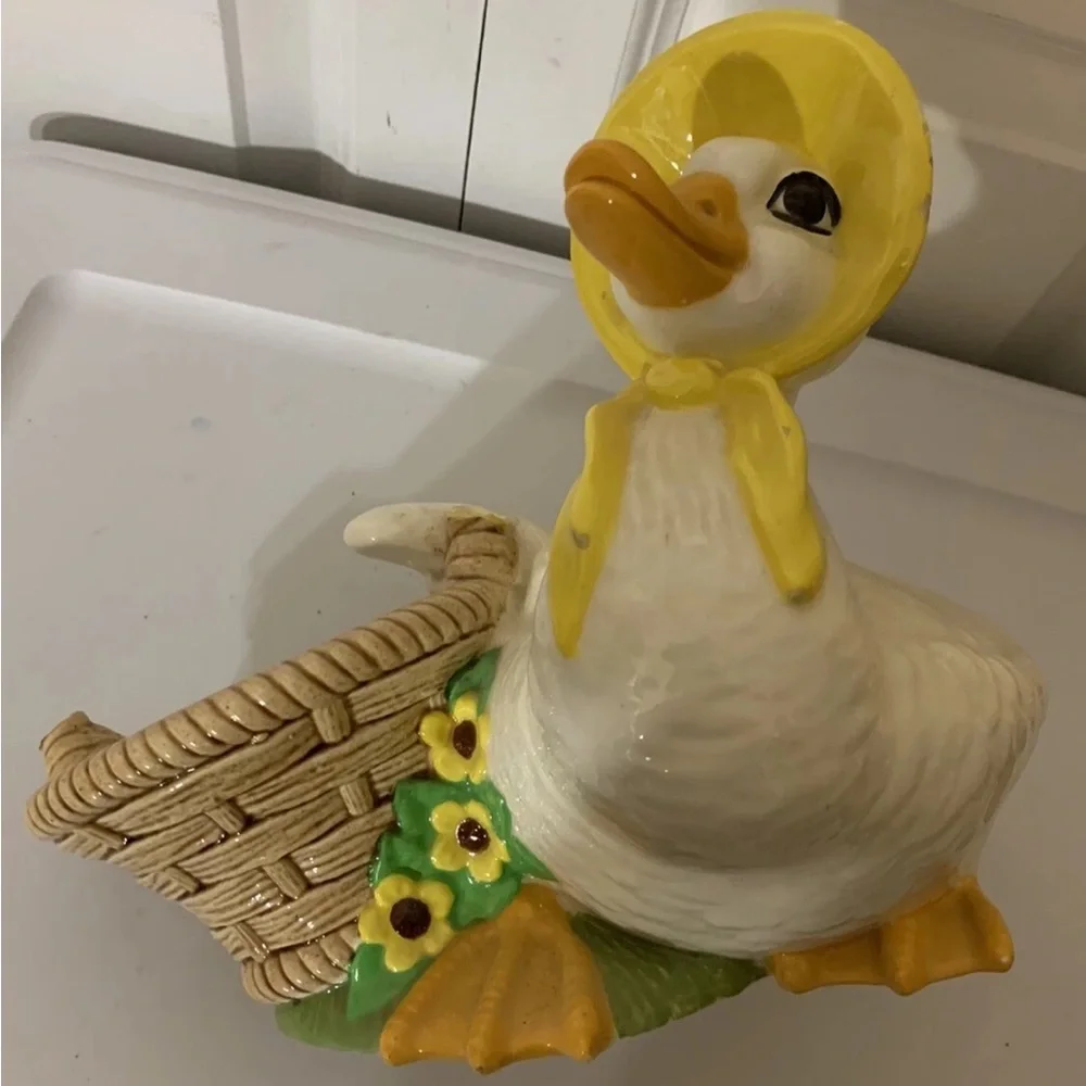 Vintage Whimsical Duck Figurine with Yellow Bonnet and Basket‎ goose